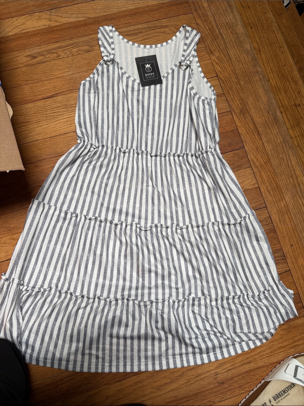 Striped Tiered Sundress - White & Navy by Stivy